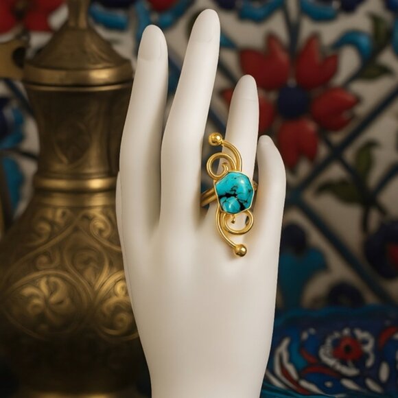 ๐๏ธTurkish Artisanal 18K Gold Plated Brass Adjustable Turquoise Cocktail Ring - Picture 1 of 12